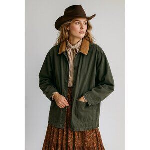 vintage 90s Y2K EDDIE BAUER chore coat barn jacket plaid lined western green M